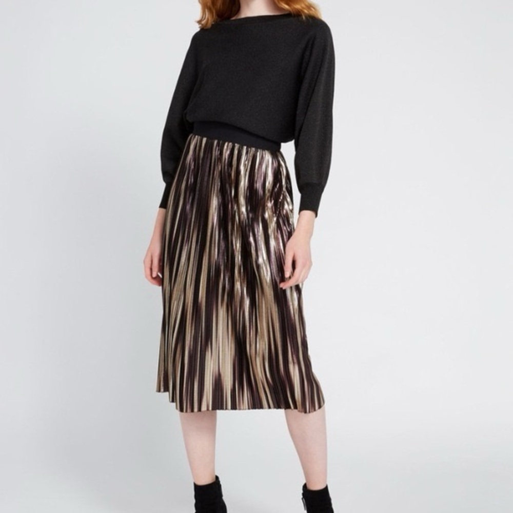 Alice + Olivia Mikaela Metallic Pleated Midi Skirt size 12 NWT